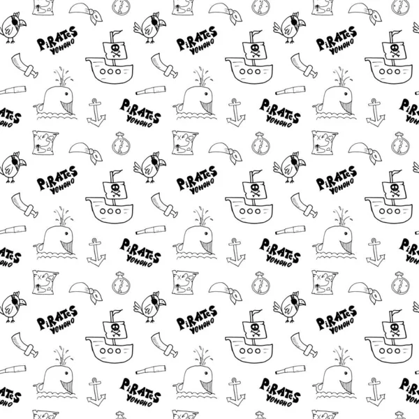 Pirate Doodles Naadloos Patroon Leuke Piraat Items Schets Handgetekend Cartoon — Stockvector