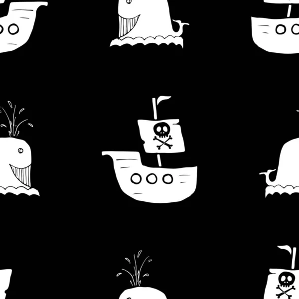 Barco Pirata Baleia Padrão Sem Costura Esboço Pirata Doodles Bonito — Vetor de Stock