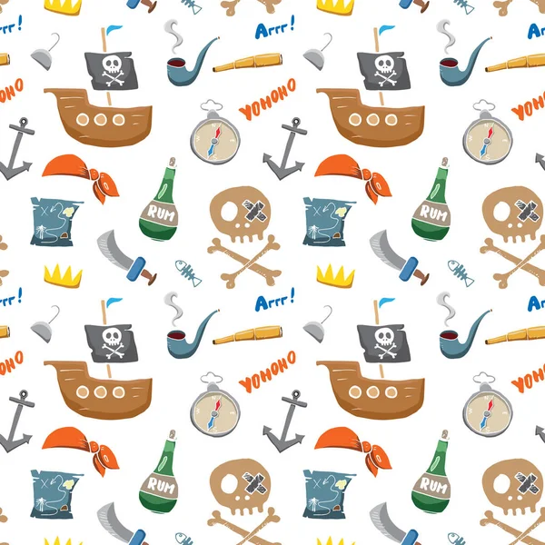 Pirata Doodles Patrón Sin Costuras Lindo Bosquejo Elementos Piratas Dibujos — Vector de stock