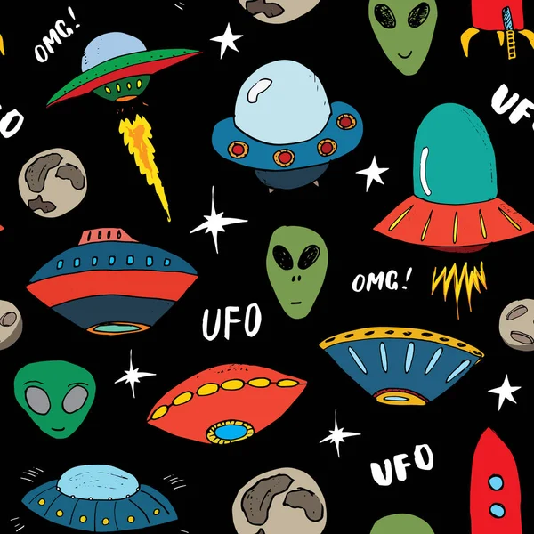 Ufo Extraterrestres Patrón Sin Costuras Bonitos Dibujos Naves Espaciales Doodles — Vector de stock