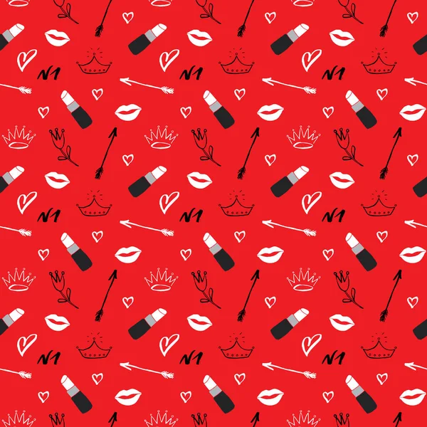 Patrón Sin Costuras Lápiz Labial Artículos Moda Belleza Dibujados Mano — Vector de stock