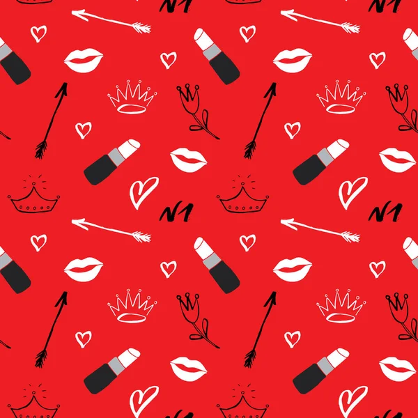 Patrón Sin Costuras Lápiz Labial Artículos Moda Belleza Dibujados Mano — Vector de stock