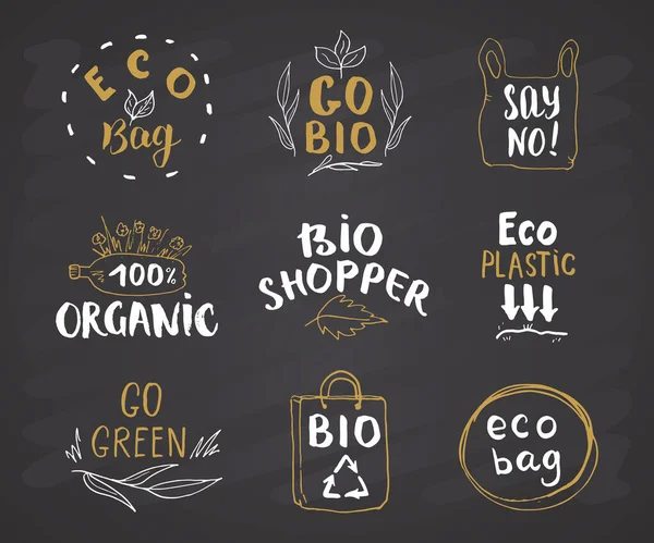 Набор Этикеток Eco Bio Hand Drawn Каллиграфические Письма Экологически Чистыми — стоковый вектор