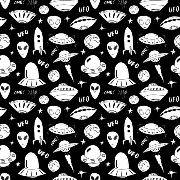 Ufo Extraterrestres Patrón Sin Costuras Bonitos Dibujos Naves Espaciales Doodles — Vector de stock