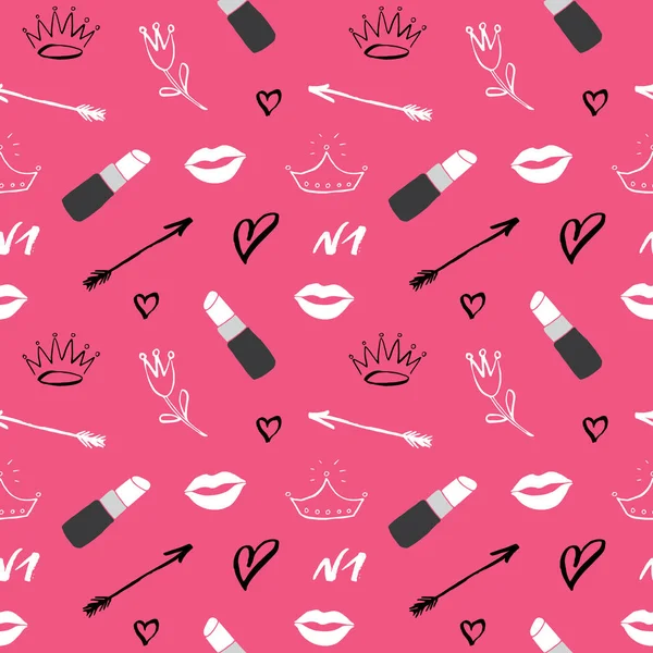 Patrón Sin Costuras Lápiz Labial Artículos Moda Belleza Dibujados Mano — Vector de stock