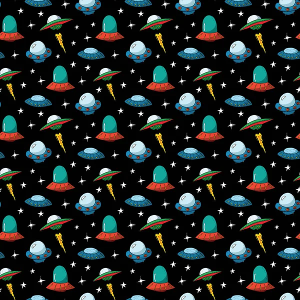 Ufo Extraterrestres Patrón Sin Costuras Bonitos Dibujos Naves Espaciales Doodles — Vector de stock