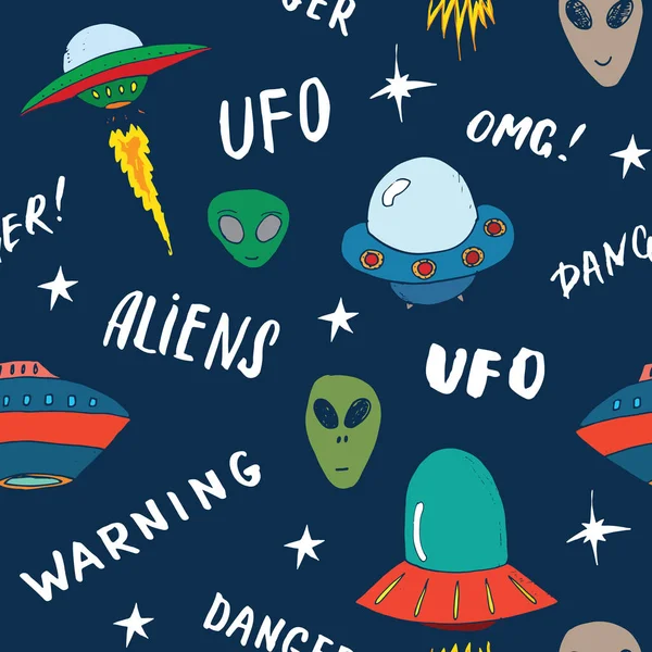 Ufo Aliens Seamless Pattern Cute Doodles Space Ships Sketch Hand — Stock Vector