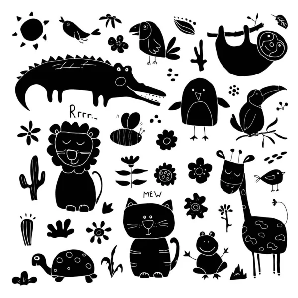 Animal Doodles Set Desenho Animais Bonitos Desenho Mão Cartoon Vector — Vetor de Stock