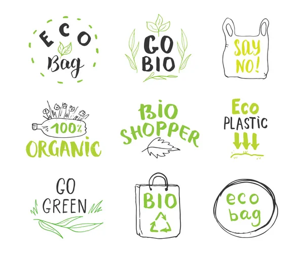 Eco Bio Hand Drawn Labels Set Calligraphic Letterings Eco Friendly — Stock Vector