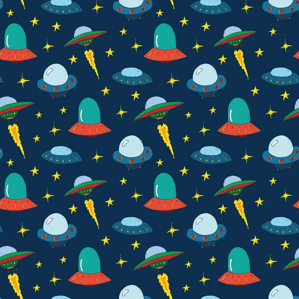 Ufo Aliens Seamless Pattern 可爱的涂鸦太空飞船草图 手绘漫画矢量图解 — 图库矢量图片