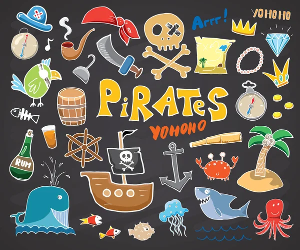 Piratenpoedels Klaar Leuke Piraat Items Schets Collectie Met Hand Getekend — Stockvector