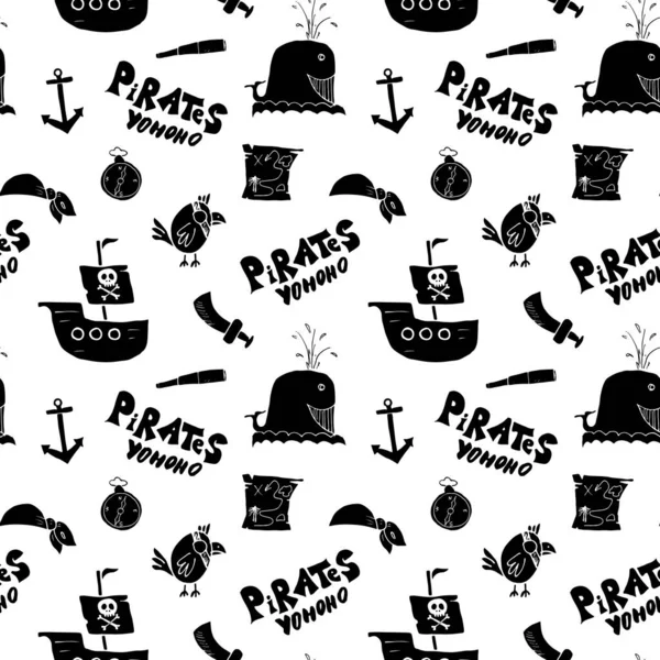 Pirata Doodles Padrão Sem Costura Esboço Itens Pirata Bonito Desenho — Vetor de Stock