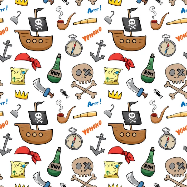 Pirate Doodles Bezszwowy Wzór Ładny Szkic Piratach Ręcznie Rysowane Wektor — Wektor stockowy