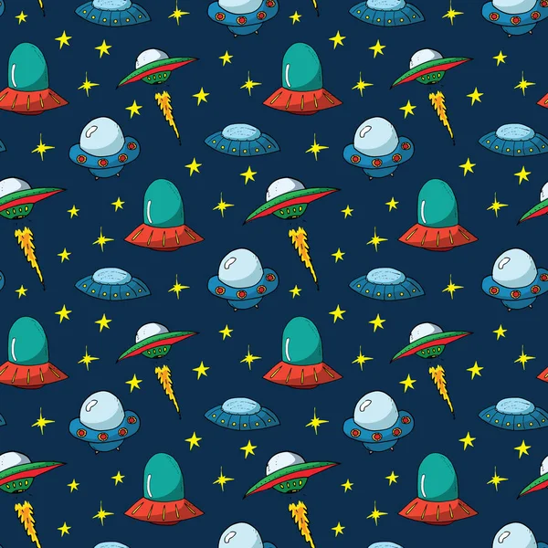 Ufo Extraterrestres Patrón Sin Costuras Bonitos Dibujos Naves Espaciales Doodles — Vector de stock