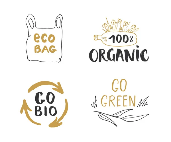 Σετ Ετικετών Eco Και Bio Hand Καλλιγραφικά Γράμματα Οικολογικά Στοιχεία — Διανυσματικό Αρχείο