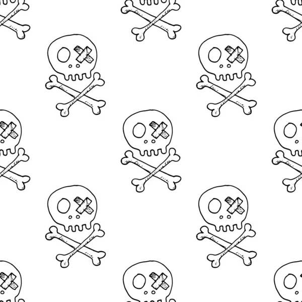 Crânios Ossos Padrão Sem Costura Esboço Pirata Doodles Bonito Desenho — Vetor de Stock