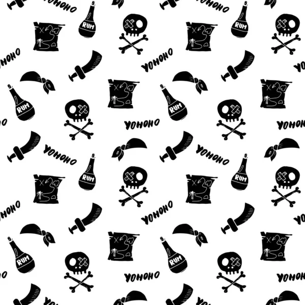 Pirata Doodles Padrão Sem Costura Esboço Itens Pirata Bonito Desenho — Vetor de Stock