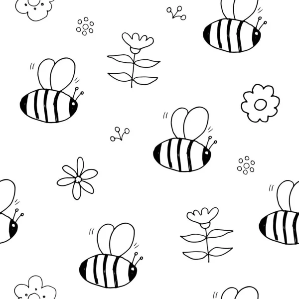 Cute Bee Seamless Pattern Cartoon Hand Drawn Honeybee Doodles Vector — Stock Vector