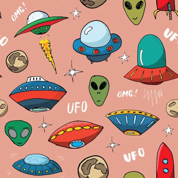 Ufo Und Aliens Nahtloses Muster Niedliche Doodles Raumschiffe Skizzieren Handgezeichnete — Stockvektor