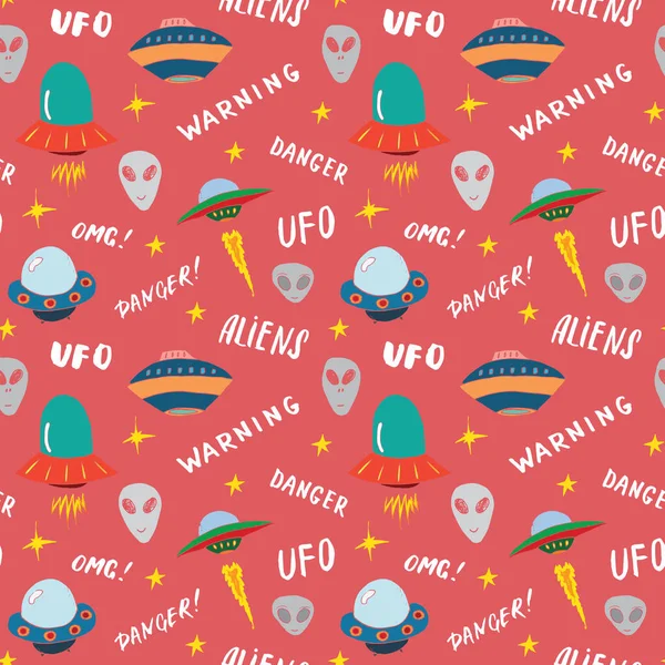 Ufo Extraterrestres Patrón Sin Costuras Bonitos Dibujos Naves Espaciales Doodles — Vector de stock