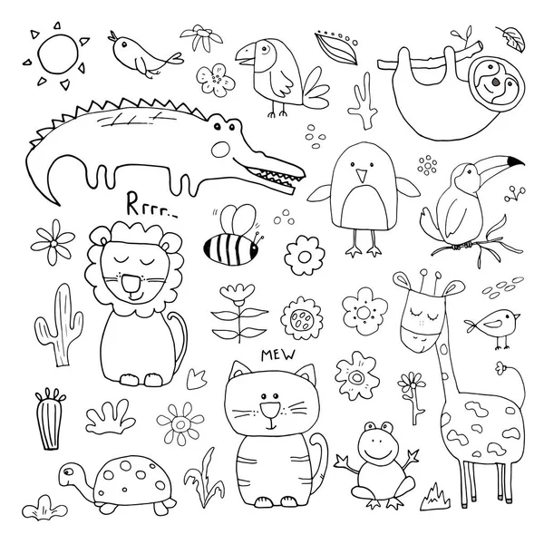 Animal Doodles Set Desenho Animais Bonitos Desenho Mão Cartoon Vector — Vetor de Stock