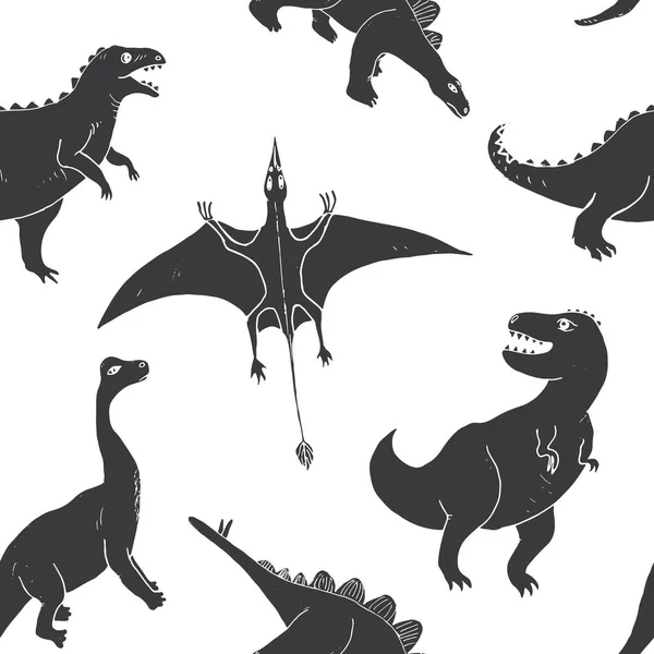 Dino无缝图案 可爱的卡通手绘恐龙涂鸦矢量画图 — 图库矢量图片