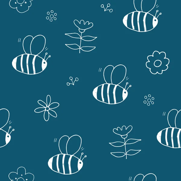 Cute Bee Seamless Pattern Cartoon Hand Drawn Honeybee Doodles Vector — Stock Vector