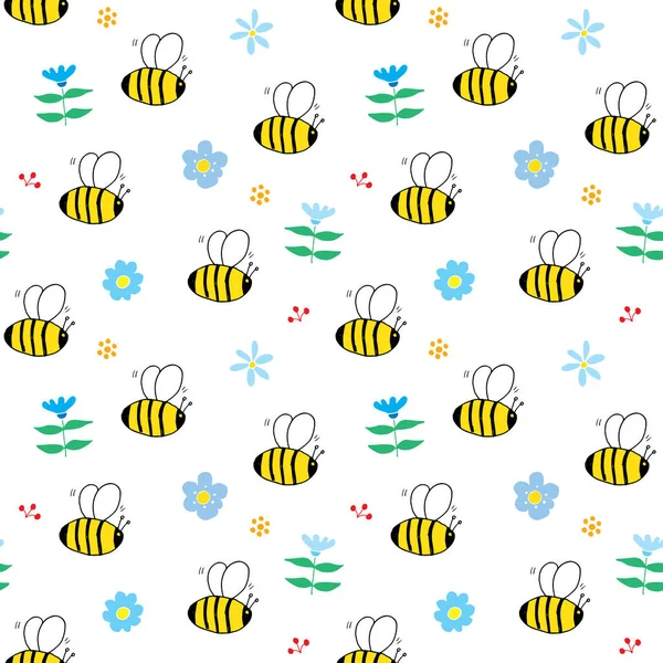 Cute Bee Seamless Pattern Cartoon Hand Drawn Honeybee Doodles Vector — Stock Vector