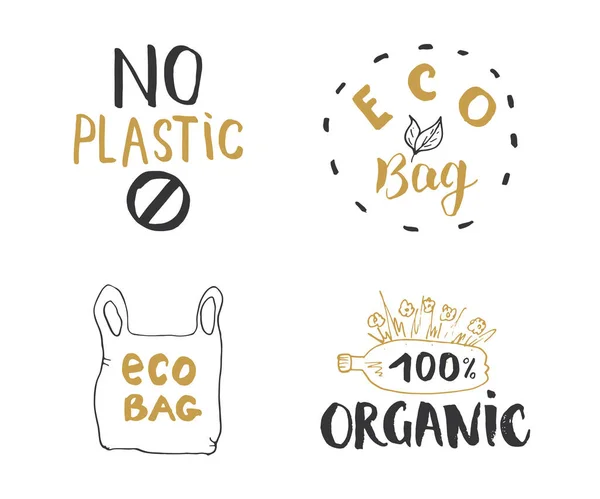 Conjunto Etiquetas Eco Bio Hand Drawn Cartas Caligráficas Com Elementos — Vetor de Stock