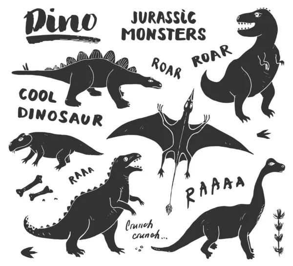 Dino Doodles Set Carino Schizzo Dei Dinosauri Collezione Letterings Illustrazione — Vettoriale Stock