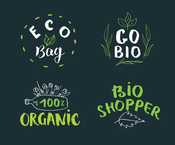 Handgezeichnetes Etikettenset Für Öko Und Bio Kalligrafische Schriftzüge Mit Umweltfreundlichen — Stockvektor
