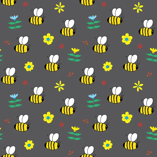 Cute Bee Seamless Pattern Cartoon Hand Drawn Honeybee Doodles Vector — Stock Vector