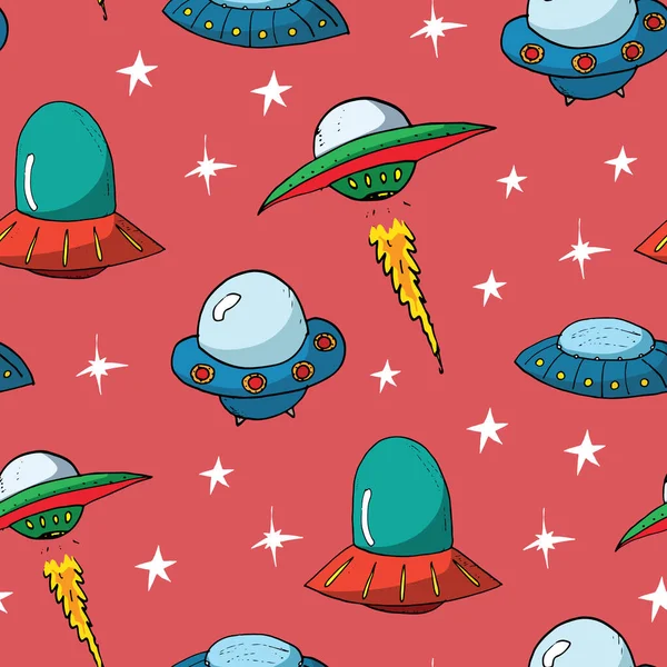 Ufo Aliens Naadloos Patroon Leuke Doodles Ruimteschets Handgetekend Cartoon Vector — Stockvector