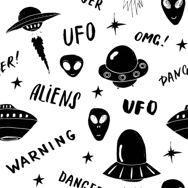 Ufo Extraterrestres Patrón Sin Costuras Bonitos Dibujos Naves Espaciales Doodles — Vector de stock