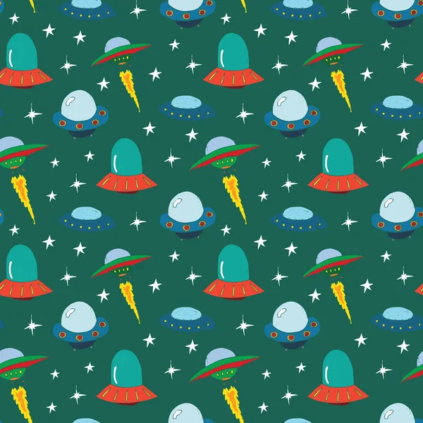 Ufo Aliens Seamless Pattern 可爱的涂鸦太空飞船草图 手绘漫画矢量图解 — 图库矢量图片