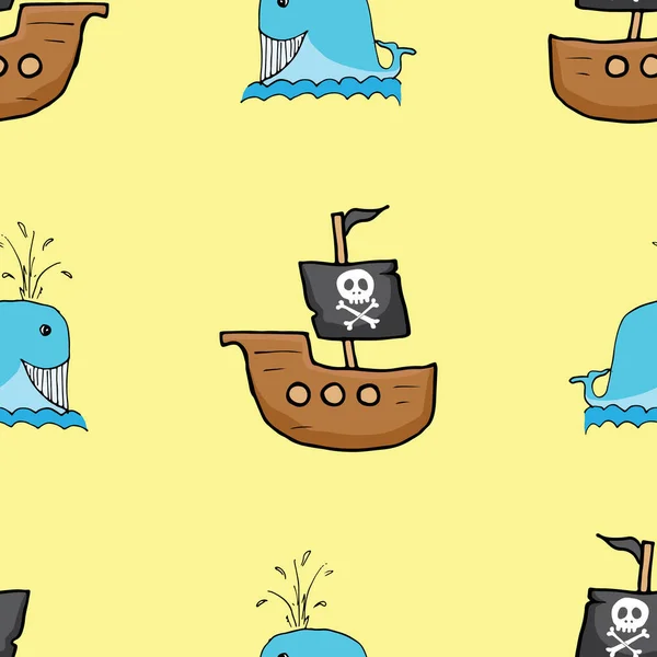 Piratenboot Walvis Naadloos Patroon Leuke Doodles Piratenschets Handgetekend Cartoon Vector — Stockvector