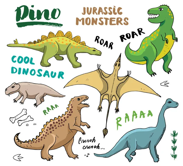 Dino Doodles Set Cute Dinosaurs Sketch Letterings Collection Dibujos Animados — Archivo Imágenes Vectoriales