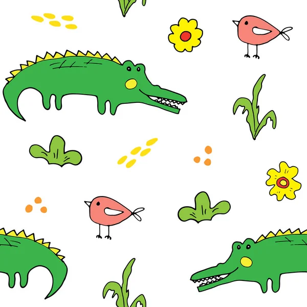 Niedliches Krokodil Oder Alligator Mit Kleinem Vogel Nahtloses Muster Cartoon — Stockvektor