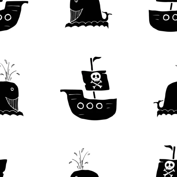 Łódka Piratów Wzorzec Bez Szwu Ładny Skecz Doodles Piratów Ręcznie — Wektor stockowy