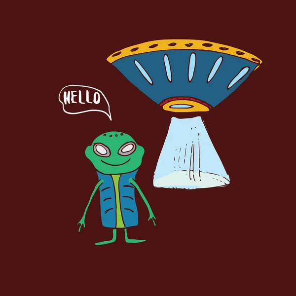 Lindo Alien Ufo Dibujos Animados Dibujado Mano Extraterrestres Nave Espacial — Vector de stock