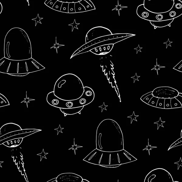 Ufo Extraterrestres Patrón Sin Costuras Bonitos Dibujos Naves Espaciales Doodles — Vector de stock