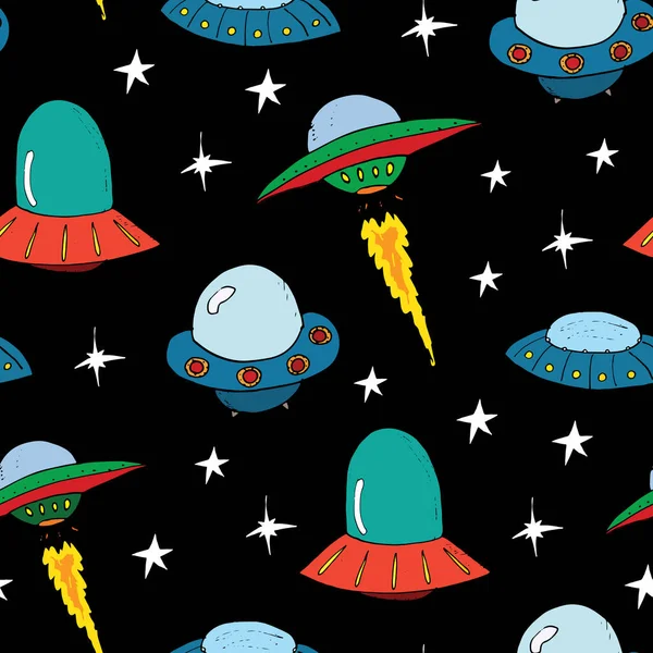 Ufo Aliens Naadloos Patroon Leuke Doodles Ruimteschets Handgetekend Cartoon Vector — Stockvector