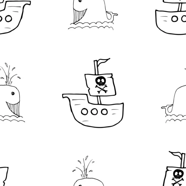 Łódka Piratów Wzorzec Bez Szwu Ładny Skecz Doodles Piratów Ręcznie — Wektor stockowy