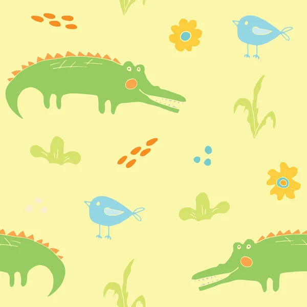 Niedliches Krokodil Oder Alligator Mit Kleinem Vogel Nahtloses Muster Cartoon — Stockvektor