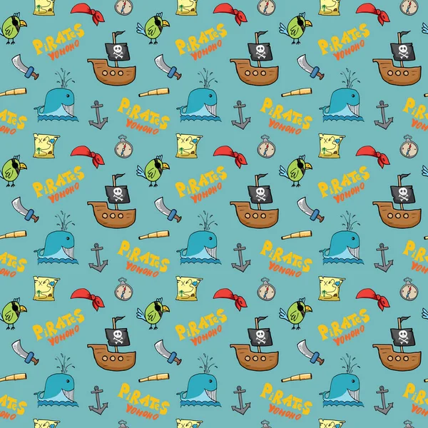 Pirate Doodles Seamless Pattern Cute Pirate Items Sketch Hand Drawn — Stock Vector