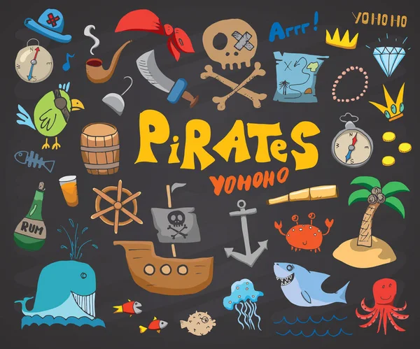 Piratenpoedels Klaar Leuke Piraat Items Schets Collectie Met Hand Getekend — Stockvector
