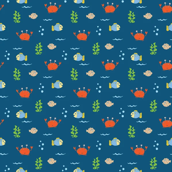 Cute Crab Fish Seamless Pattern Cartoon Hand Drawn Animal Doodle — 스톡 벡터