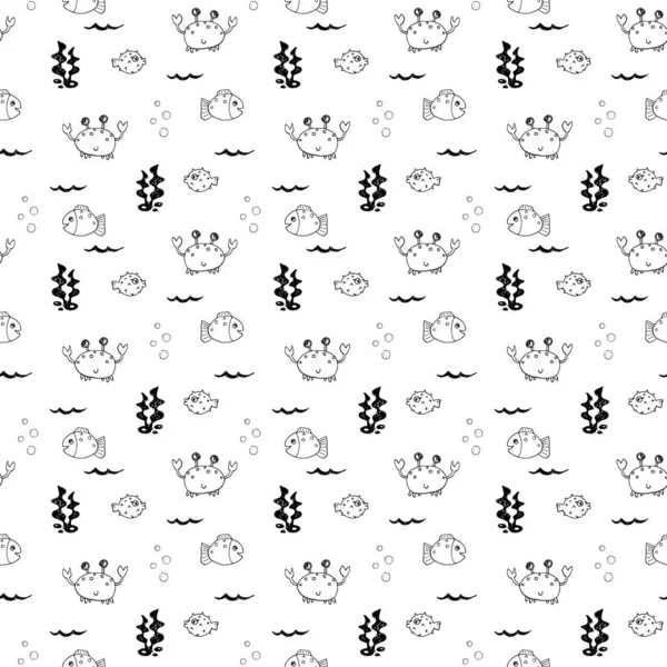 Cute Crab Fishes Seamless Pattern Cartoon Hand Drawn Animal Doodles — Stock Vector