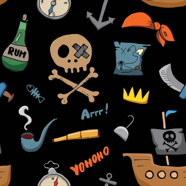 Pirata Doodles Patrón Sin Costuras Lindo Bosquejo Elementos Piratas Dibujos — Vector de stock