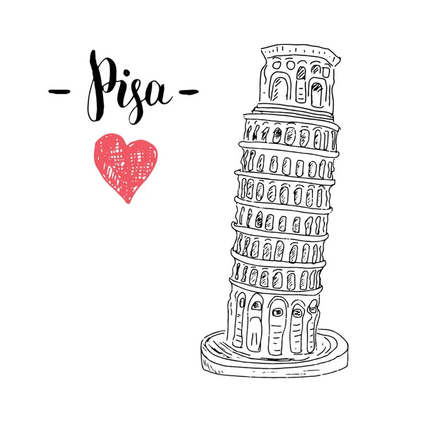 Leaning Tower Pisa Kézzel Rajzolt Vázlat Betűkkel Vektor Illusztráció — Stock Vector